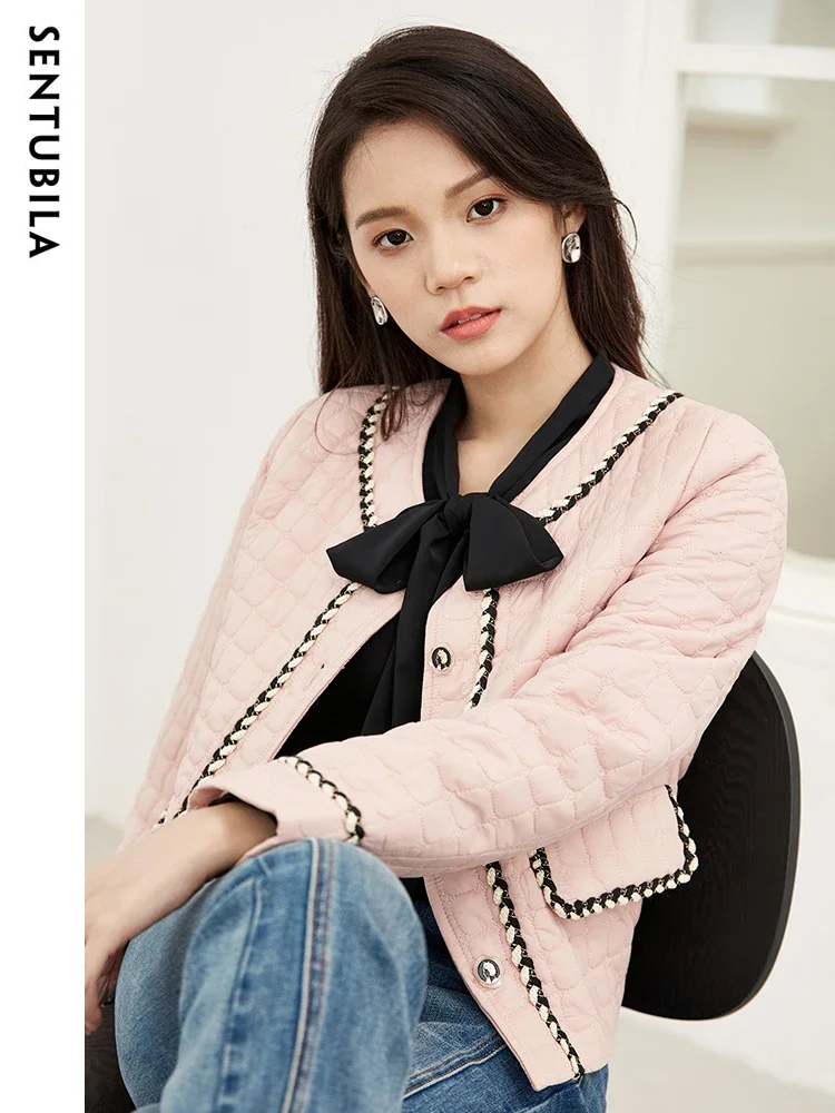 

SENTUBILA Elegant Parkas Jackets for Women 2024 Winter Crew Neck Crop Cotton Padded Jacket Contrast Warm Outerwear Top W34M51359