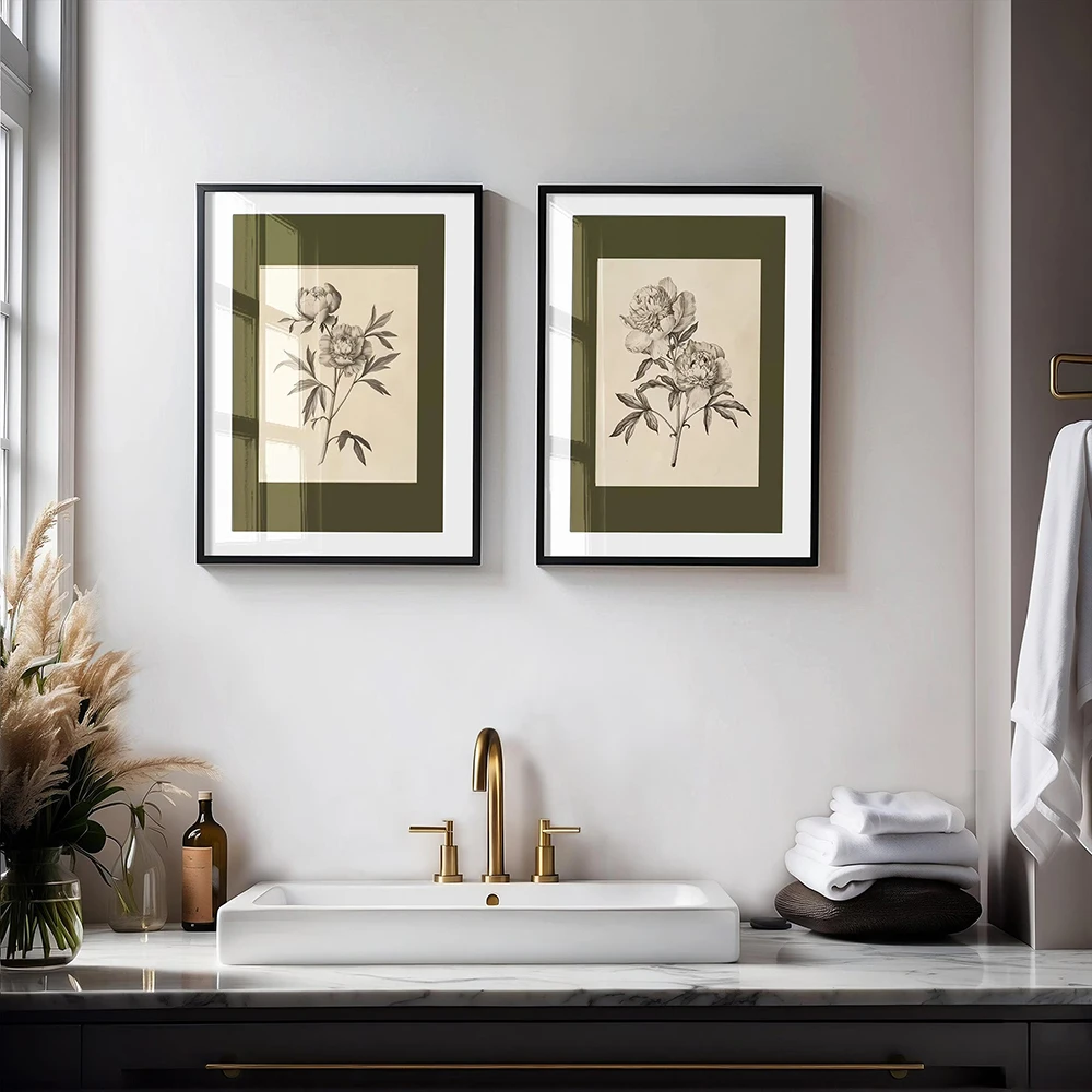 Set of 2 Vintage Flower Sketch Prints Sage Green Botanical Wall Art, Dark Green Floral Drawing Poster Botanical Canvas Painting