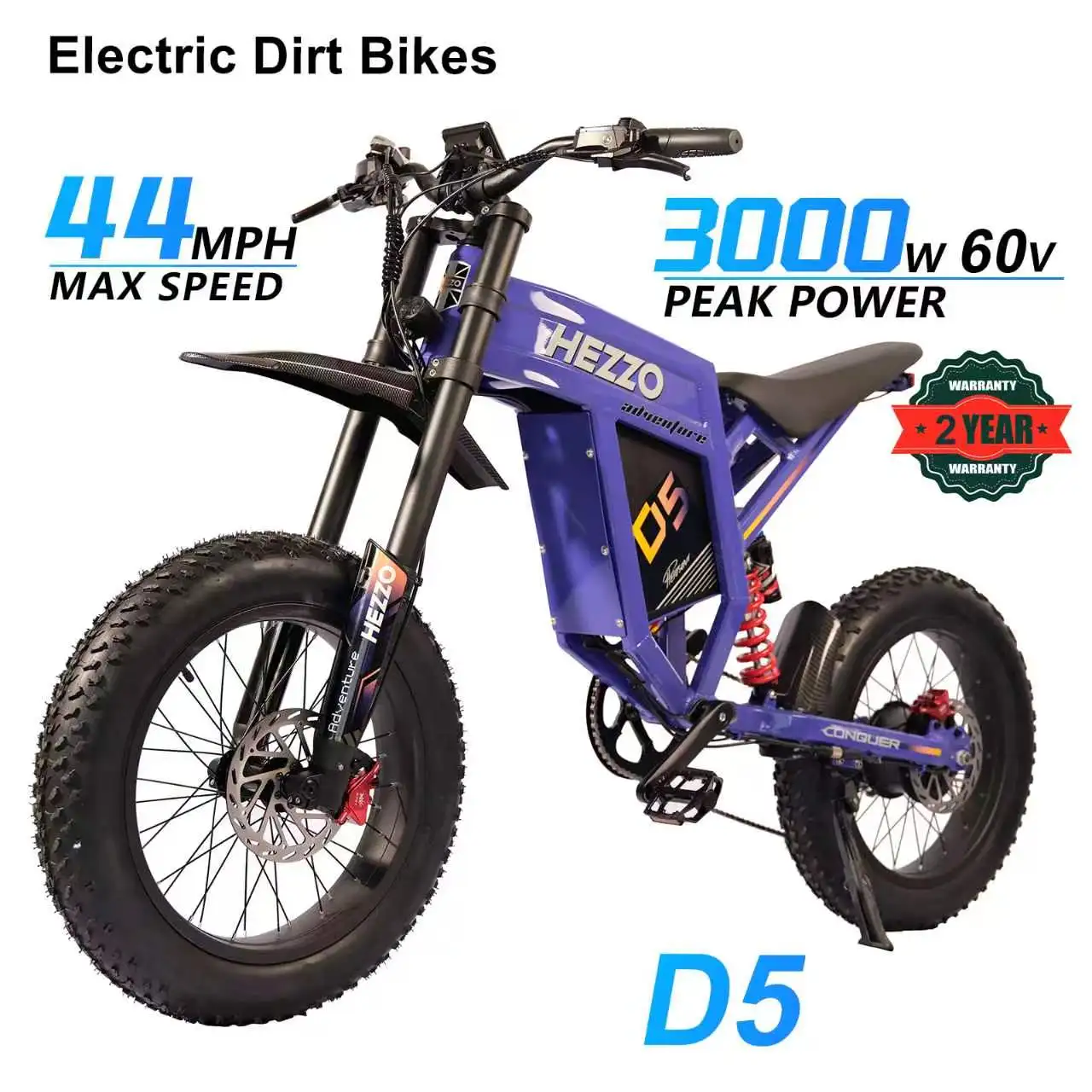 HEZZO 3000W 60V 43mph Powerful Electric Dirt Bike D5 20*4.0 Fat Tire Adult E-Motocross 75-93Miles US Stock 1-Yr Warranty