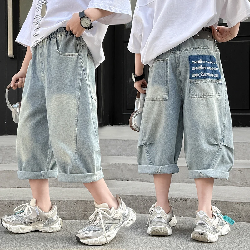 

Boys Denim Shorts Teen Boys Casual Knee-Length Jeans Teenage Child Blue Denim With Pocket Letter Embroidery Trousers Ages 4-14Y