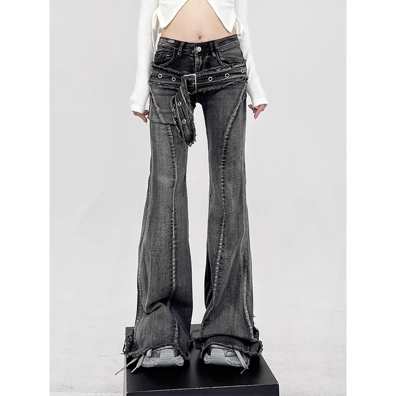 2000S Women Belt Splicing Design High Waist Bell-bottom Pants Vintage American Street Slim Flare Jeans Female Straight Trousers