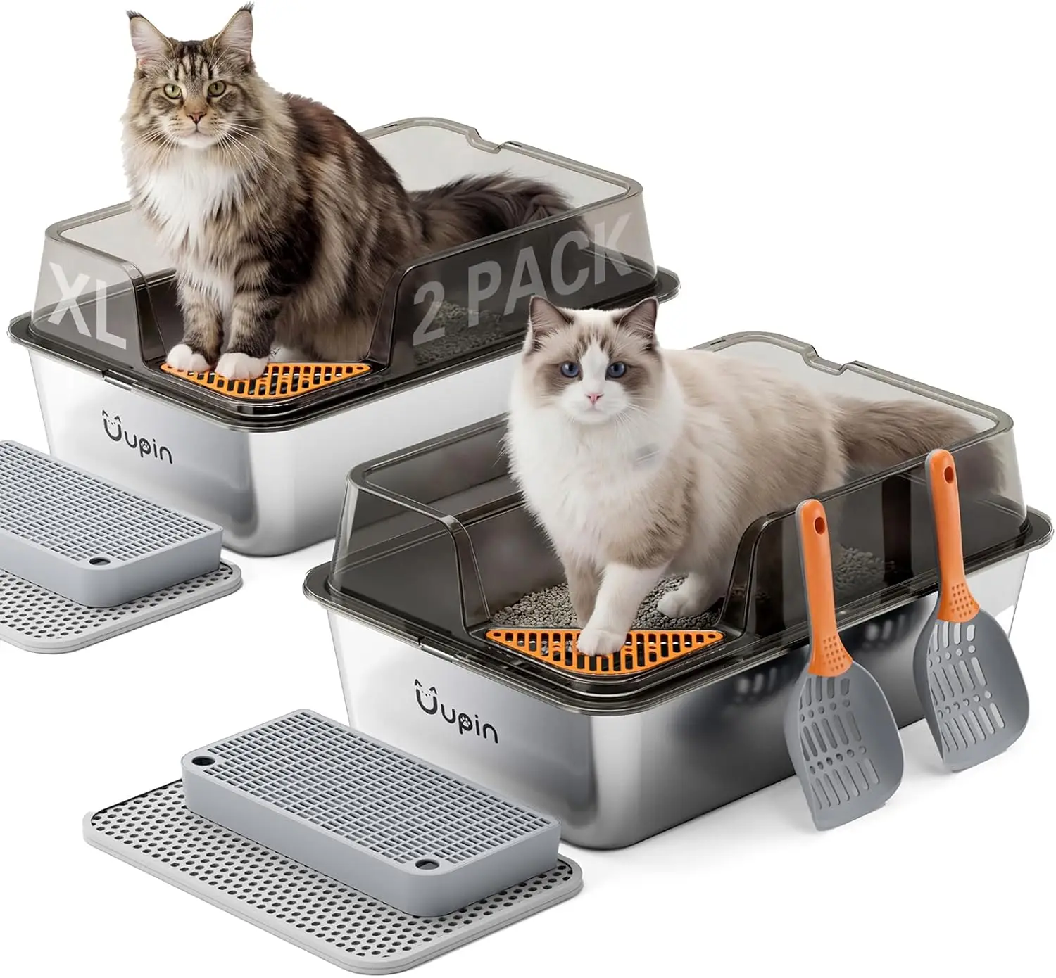 

2 Pack Stainless Steel Litter Box - XL Extra Large Metal Cat Litter Box with Scoop & Pedal for Big Cats and Multi-Cats,