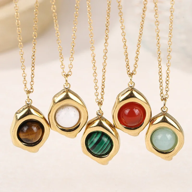 

Natural Stone Oval Pendant Necklaces For Women Retro Boho Stainless Steel Clavicle Choker Chain Necklace Jewelry Gifts