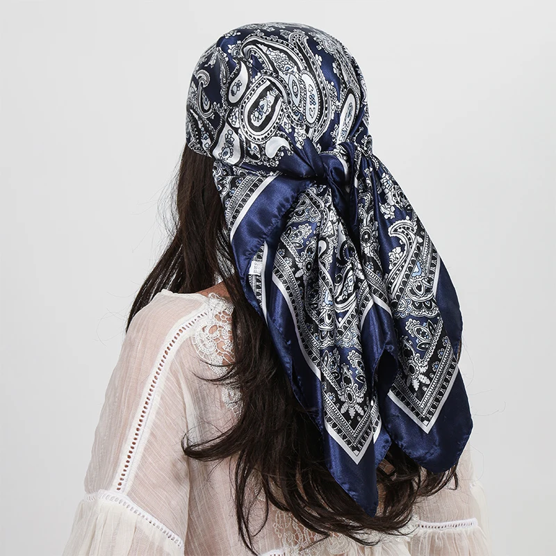 Satin Quadratischer Schal Frauen Hijab Paisley Cashew Print Seidenschal Halstuch Schal Wraps Stirnband Haarschmuck Bandana 90*90cm – Detail 3