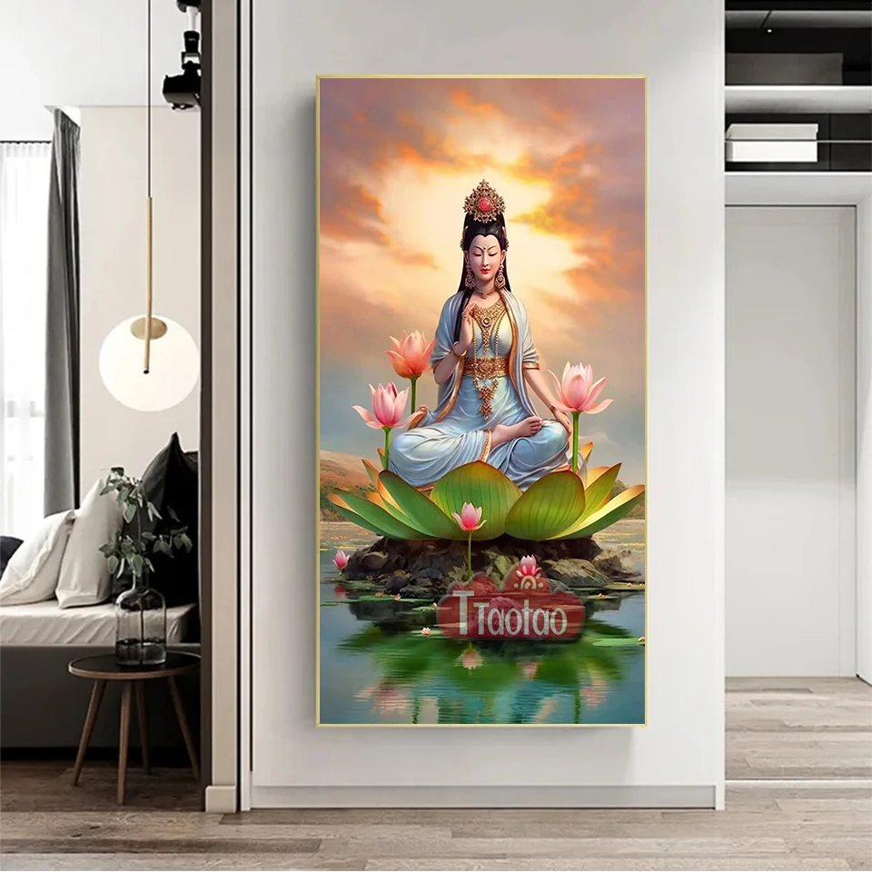 Full Diamond Cross Stitch Religious Large Size Diamond Painting 5D Buddha Statue Lotus Lake Landscape DIY Square Round Mosaic