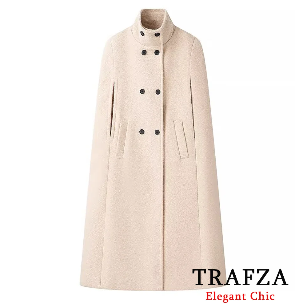 

TRAFZA Women Elegant Sleeveless Coat Turtleneck Vest Style Long Coat with Lined New 2024 Spring Fall Fashion Simple Cape Coat