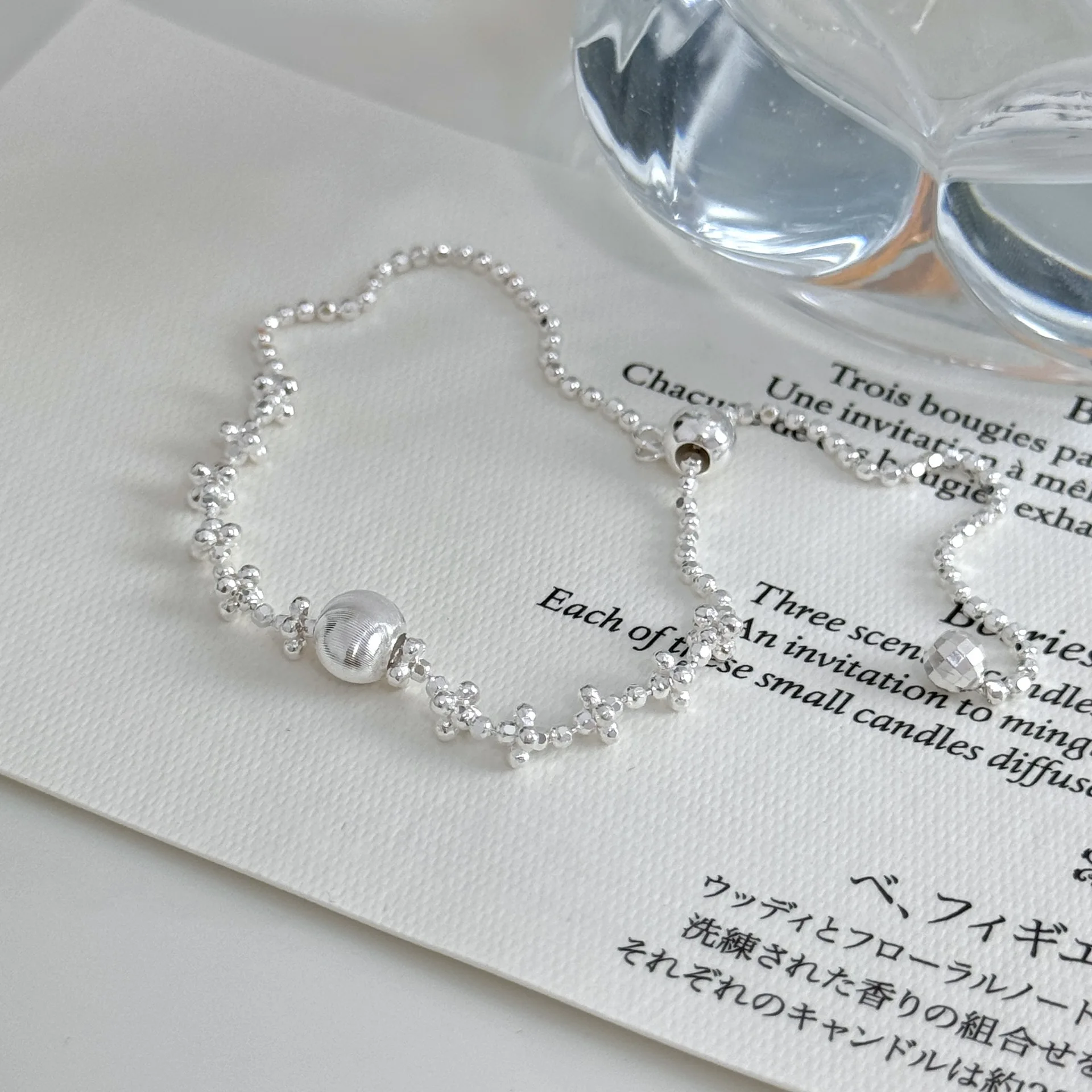 

S925 Silver Korean Version Niche Design Passepartout Brushed Cat's Eye Silver Bead Bracelet Temperament Simple Advanced Sense