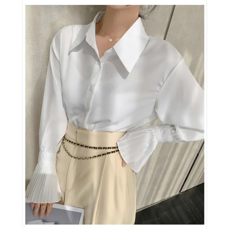 White Elegant Blouses Women Korean Style Spring Shirts Flare Long Sleeve Office Ladies Vintage Aesthetic Tops Chic Fashion