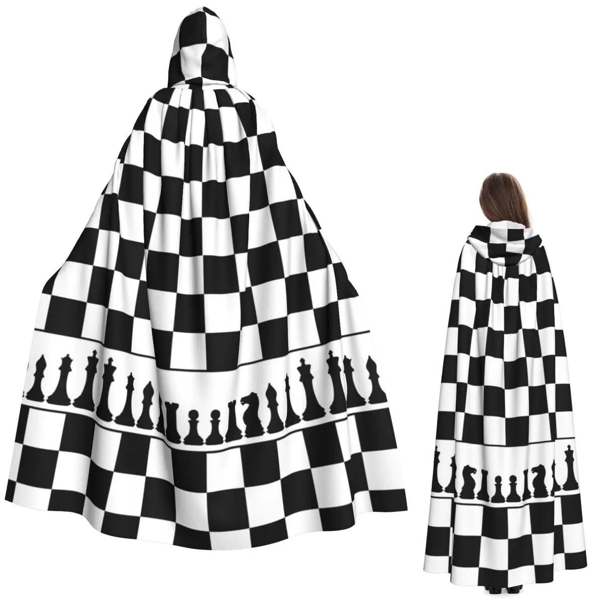 Scacchiera Griglia in bianco e nero Mantello lungo con cappuccio a quadretti Costume medievale da strega Mantello cosplay HalloweenVampiro Adulto unisex