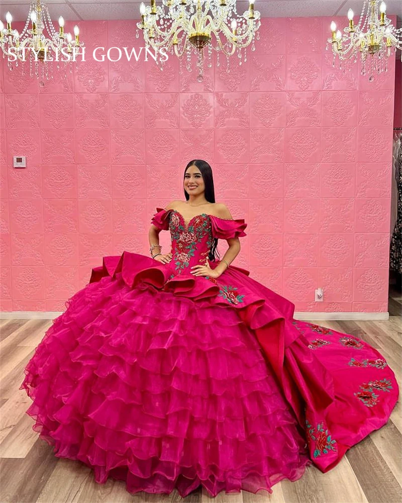 

Mexico Hot Pink Beaded Appliques Quinceanera Dresses Ruffles Tiered Ball Gown Off Shoulder Prom Dress Sweet 16 Dress Robe De Bal