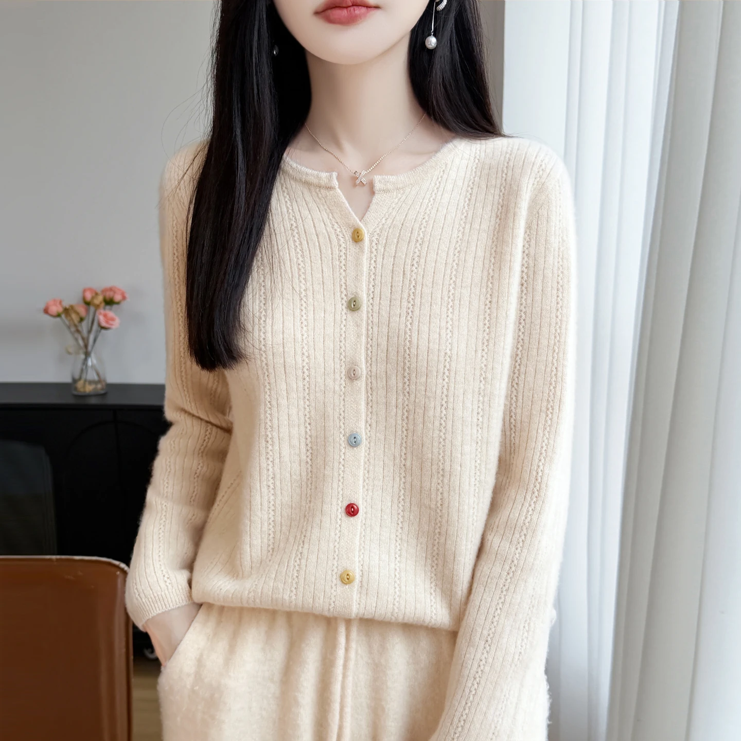 Women O-neck Cardigan Wool Sweater Colorful Buttons Spring Autumn Winter Hollow 100% Merino Wool Knitwear Chic Soft Clothing Top