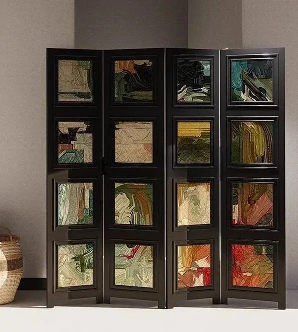 

Glass painting, solid wood screen, solid wood backplane lacquer painting, partition living room and courtyard