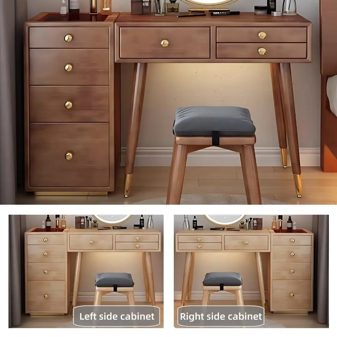 Solid Wood Makeup Vanity Desk - Luxury Dressing Table with Mirror and LED Lights, Vanity Set Include Side Cabinet & Storage Draw