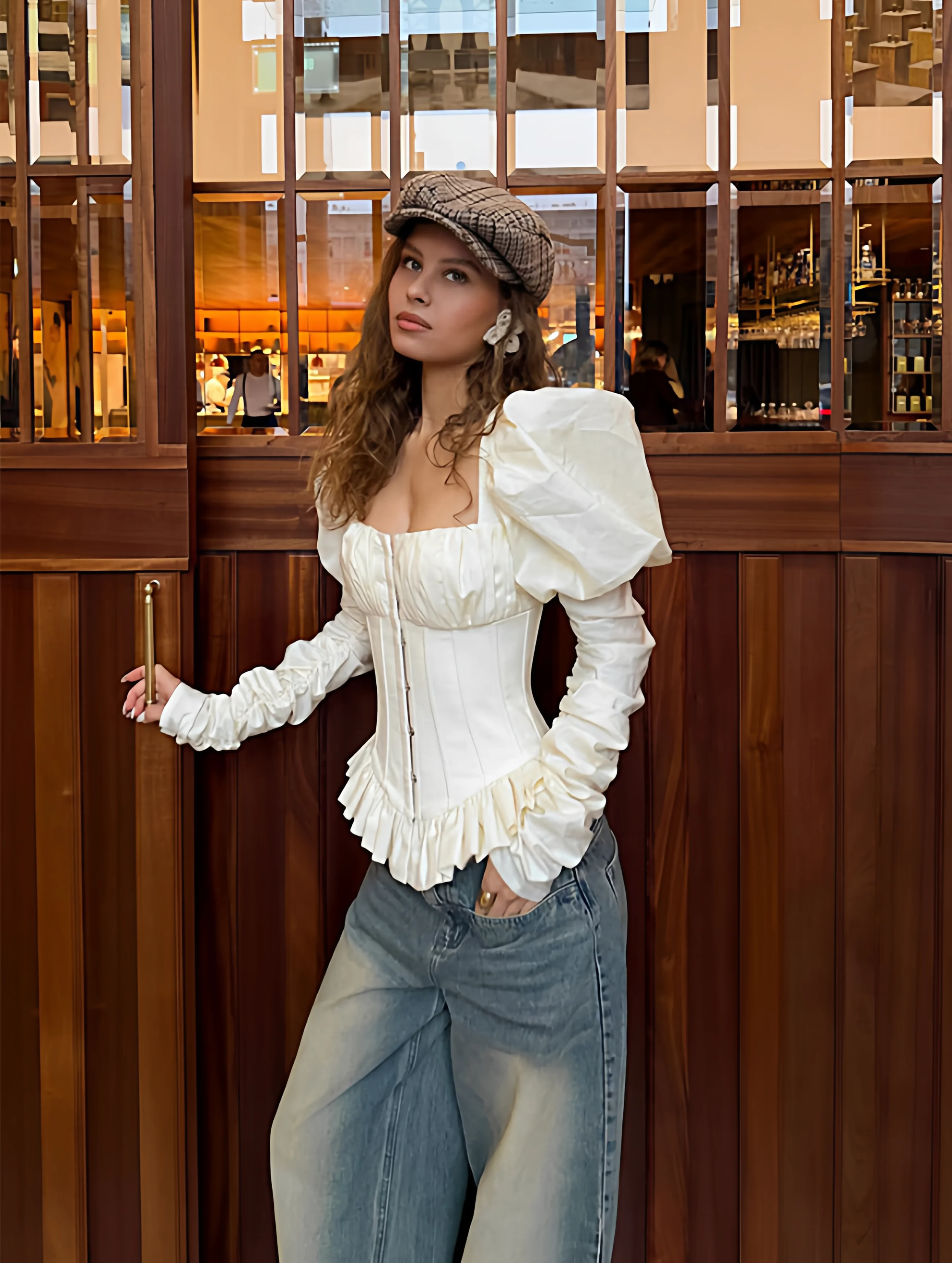 

Elegant Parisian Style Bubble Sleeve Backless Waist-Cinching Square Collar Shirt Women's Fashion Spring 2026 Skin-friendly Br...