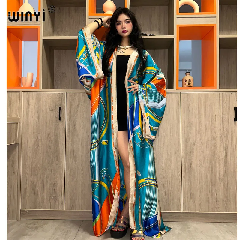 WINYI summer fashion printing Women Cardigan Loose Long Dress elegant Party Boho loose beach Holiday Swimming Cover Up Kimonos