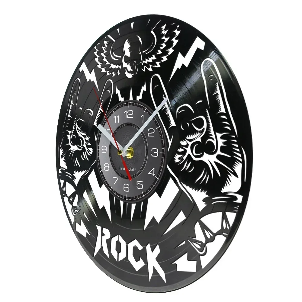 Skeleton Rock Hand Vinyl Record Wall Clock for Bedroom Retro Music Album Longplay Wall Watch Black Punk Skull Rock & Roll Gift