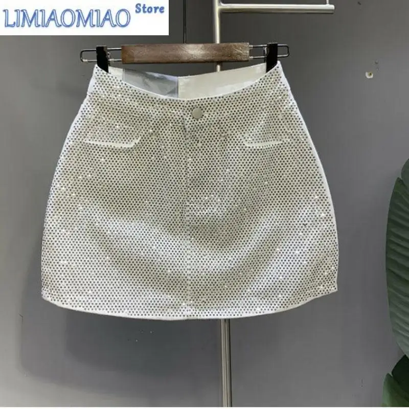 Heavy Industry Hot Drilling High-End Denim Skirt Spring And Summer High Waist Pink Sexy A-Word Skirt