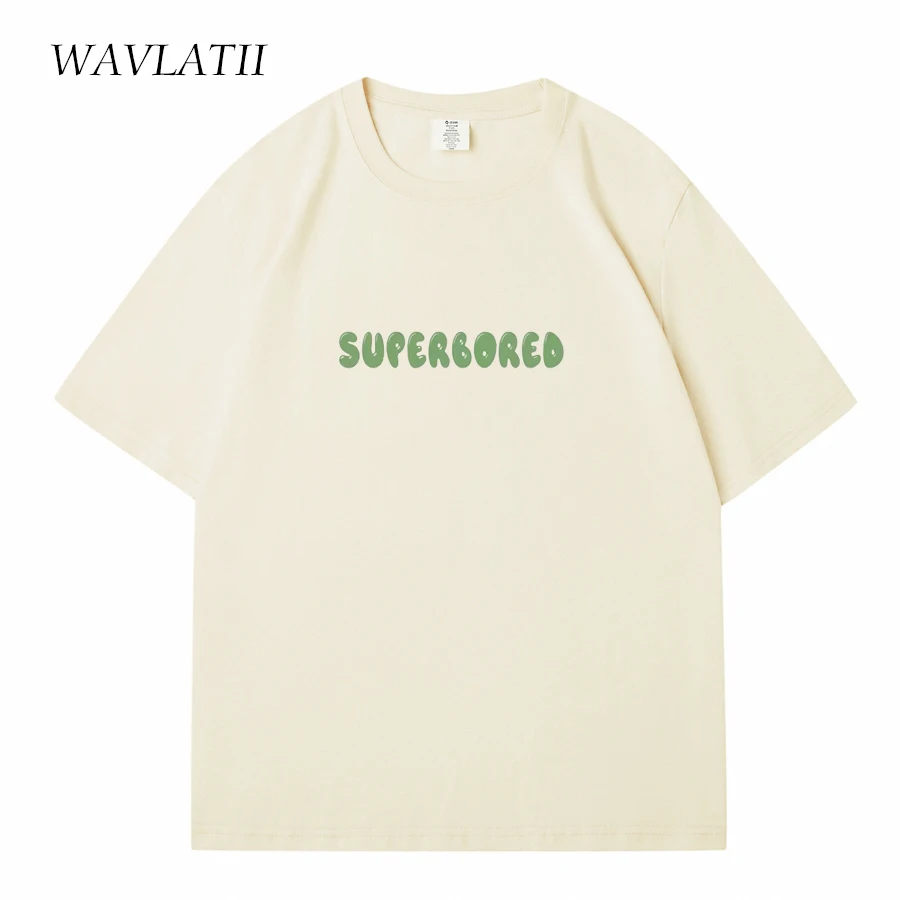 WAVLATII New Women 100% Cotton Summer T shirts Female Beige Casual Basic Tees Lady White Simple Printed Short Sleeve Tops WT2341