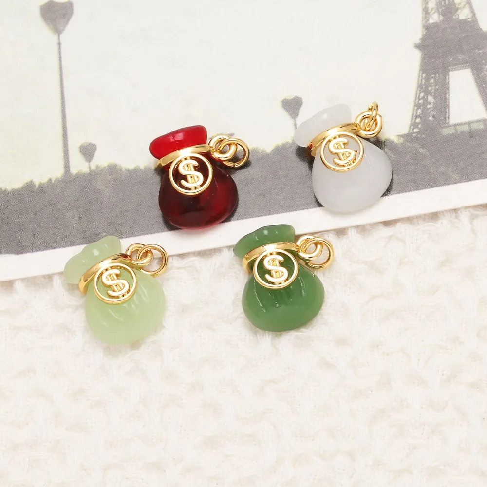 OCESRIO Trendy Multicolor Glass Money Bag Charms for Bracelet Copper Gold Plated Dollar Handmade Keychain Purse Charm chma443