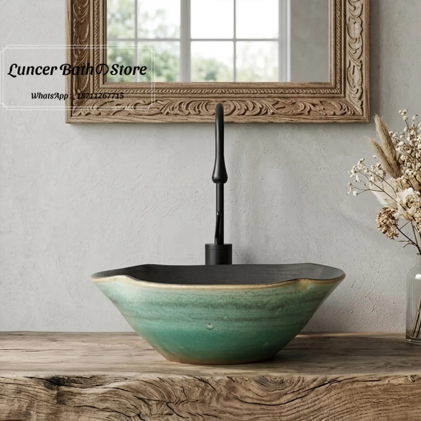 New Green Big Bowl Countertop Basin, MCM Ceramic Hand Wash Sink for Bathroom, High End Creative Small Size Vanity