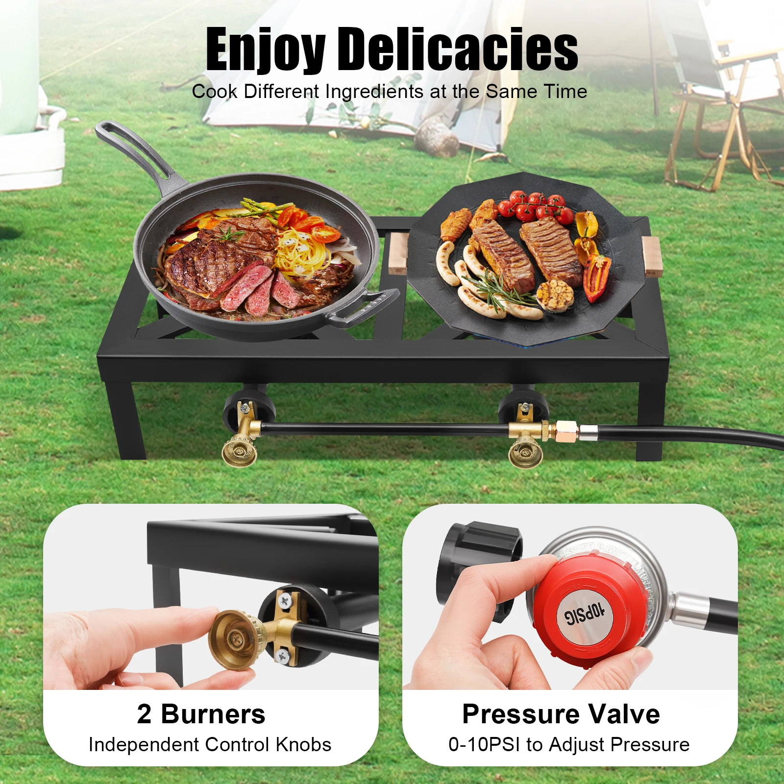 Double Burner Propane Stove, Rectangular Outdoor Propane Burner, Portable Gas Stove with Regulator Hose for Patio Camping, BBQ