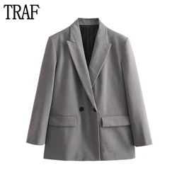 Traf Grey Oversized Lange Blazer Vrouwen Dubbele Rij Knopen Blazers Voor Dames Winter Office Jas Vrouwen Mannelijke Blazer Vrouw 2024