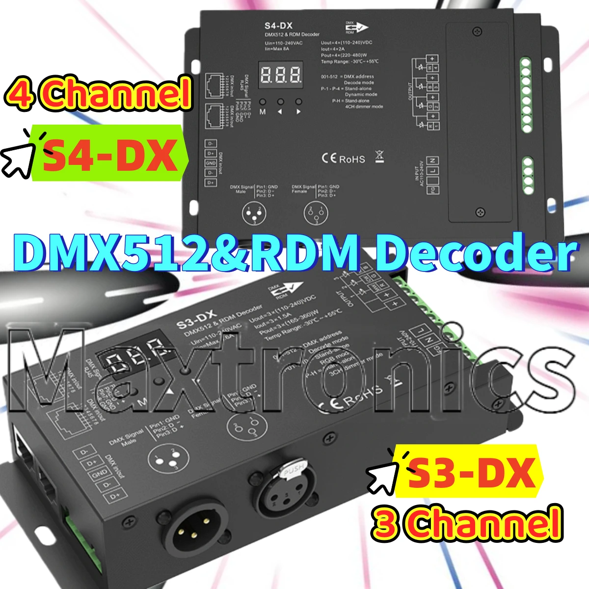 

Декодер Skydance High Voltage LED Strip DMX512&RDM S3-DX 3CH*1.5A/ S4-DX 4CH*2A с RF RDM контроллером XLR3 и RJ45 110V 220VAC
