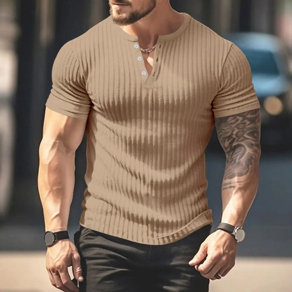 Men V-neck T-shirt Men's Slim Fit V Neck T-shirt Summer Sport Top with Buttoned Pullover Design Stretchy Breathable for Fitness