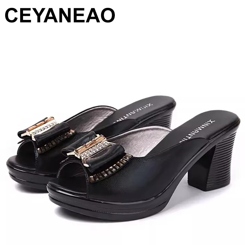 

Women sandals Women slippers genuine leather rhinestone thick high-heeled color block decoration open toe