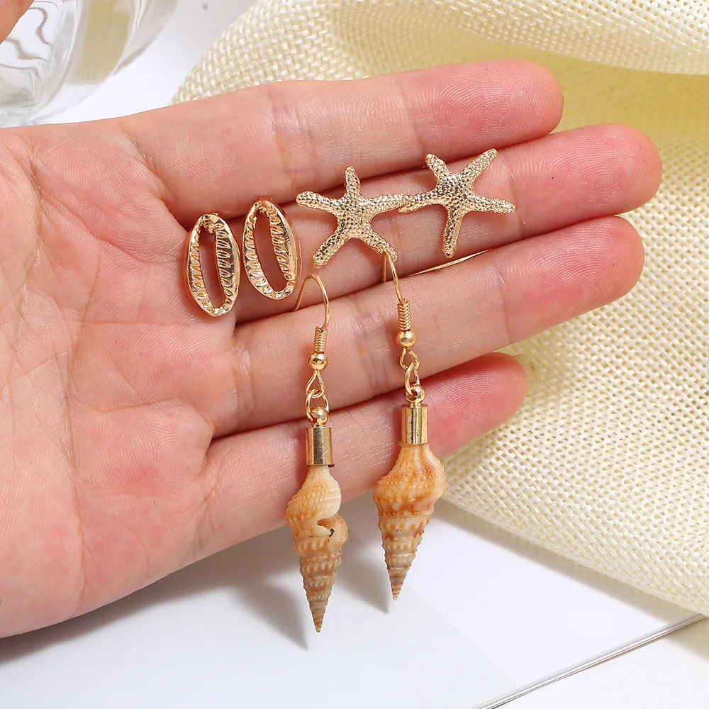 6pcs Ocean Wind Shell Starfish Conch Fashion Alloy Gold Color Earrings Woman Party Gift Celebratory Party