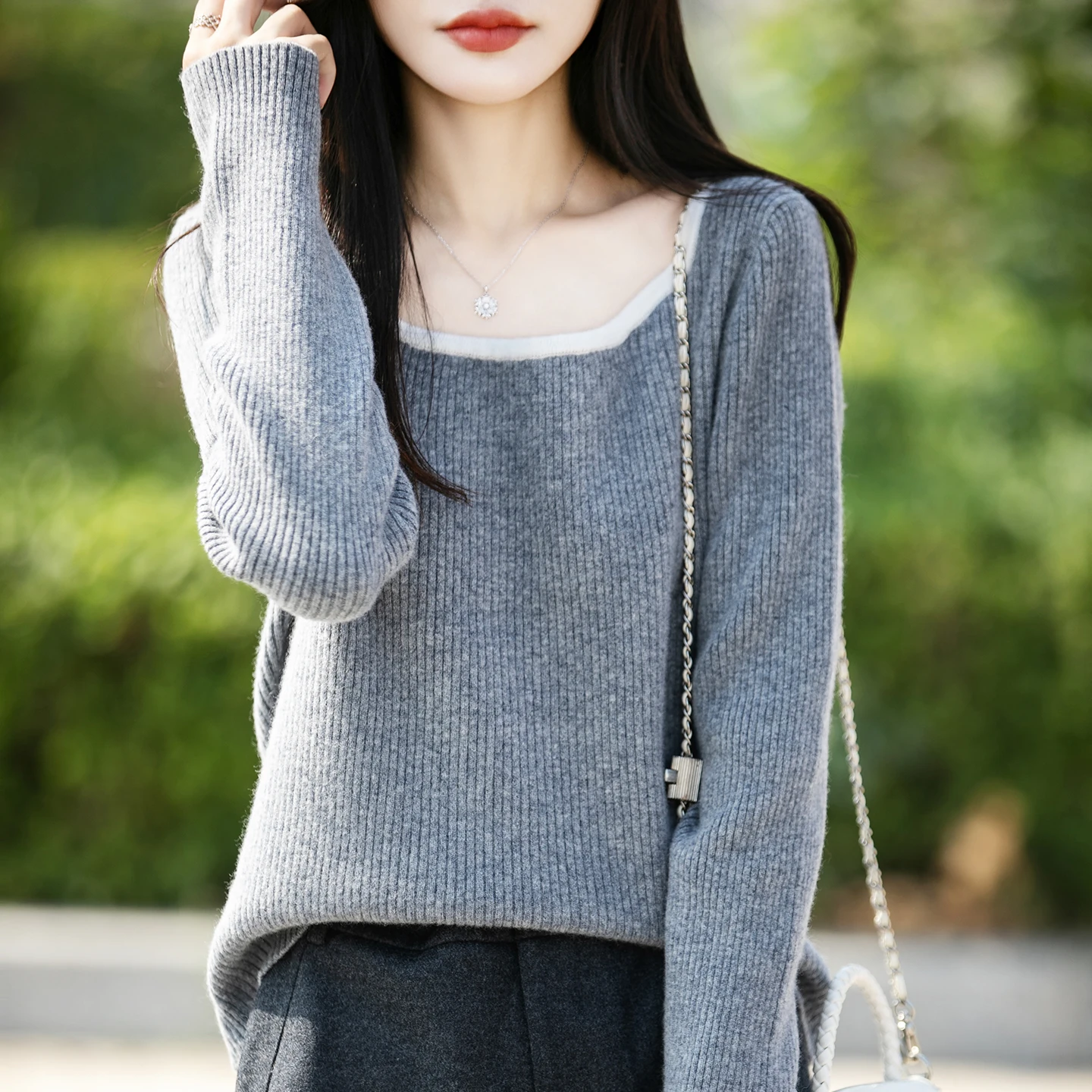 Knitted Womens Wool Sweater Long Sleeve Loose Fit Pullover Vintage Square Collar Solid Color Autumn Winter Base Layer Inner Wear