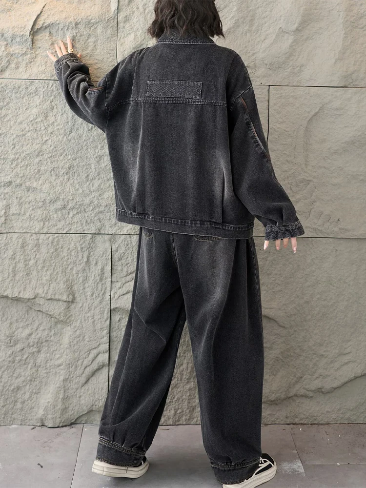 Amax LuluE 2026 الربيع السيدات الكلاسيكية الدنيم 2 قطعة مجموعات موضة الشرير الدعاوى معطف خمر سراويل تقليدية الكورية تصميم فضفاض الجينز #2