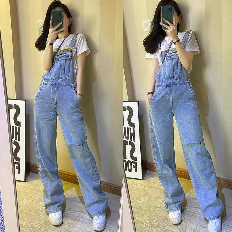 

Весенне-осенние модные рваные джинсовые комбинезоны женские свободного кроя с высокой талией, прямые брюки-комбинезоны, повседневные удобные джинсы