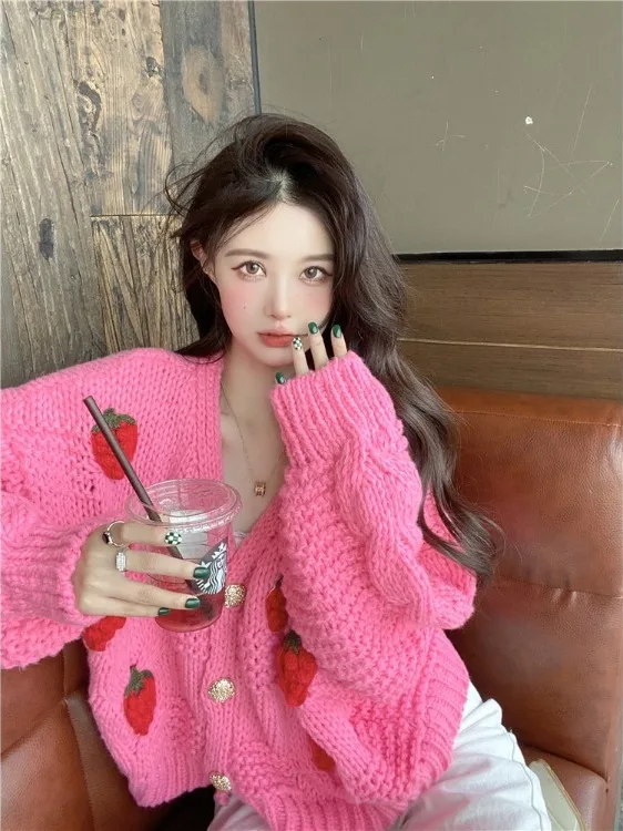 Pink Sweater Jacket Women's Open Cardigan Spring Autumn Short V-neck Loose Fit Knitted Top Sweet Strawberry Lazy Style