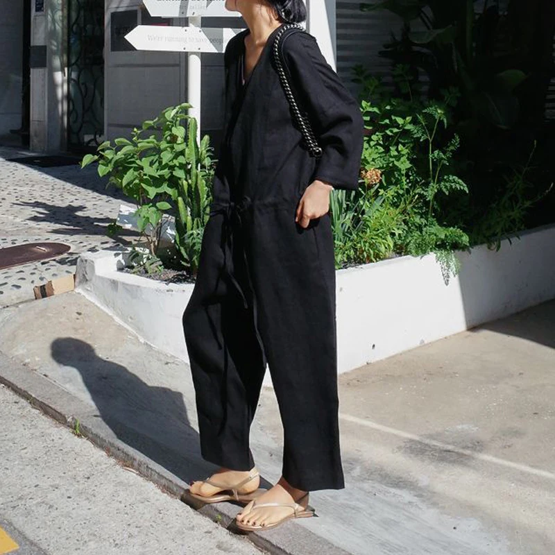 Johnature Korean Simple V-neck Women Jumpsuits 2025 Spring New Loose Button Ankle-length Female Bodysuits