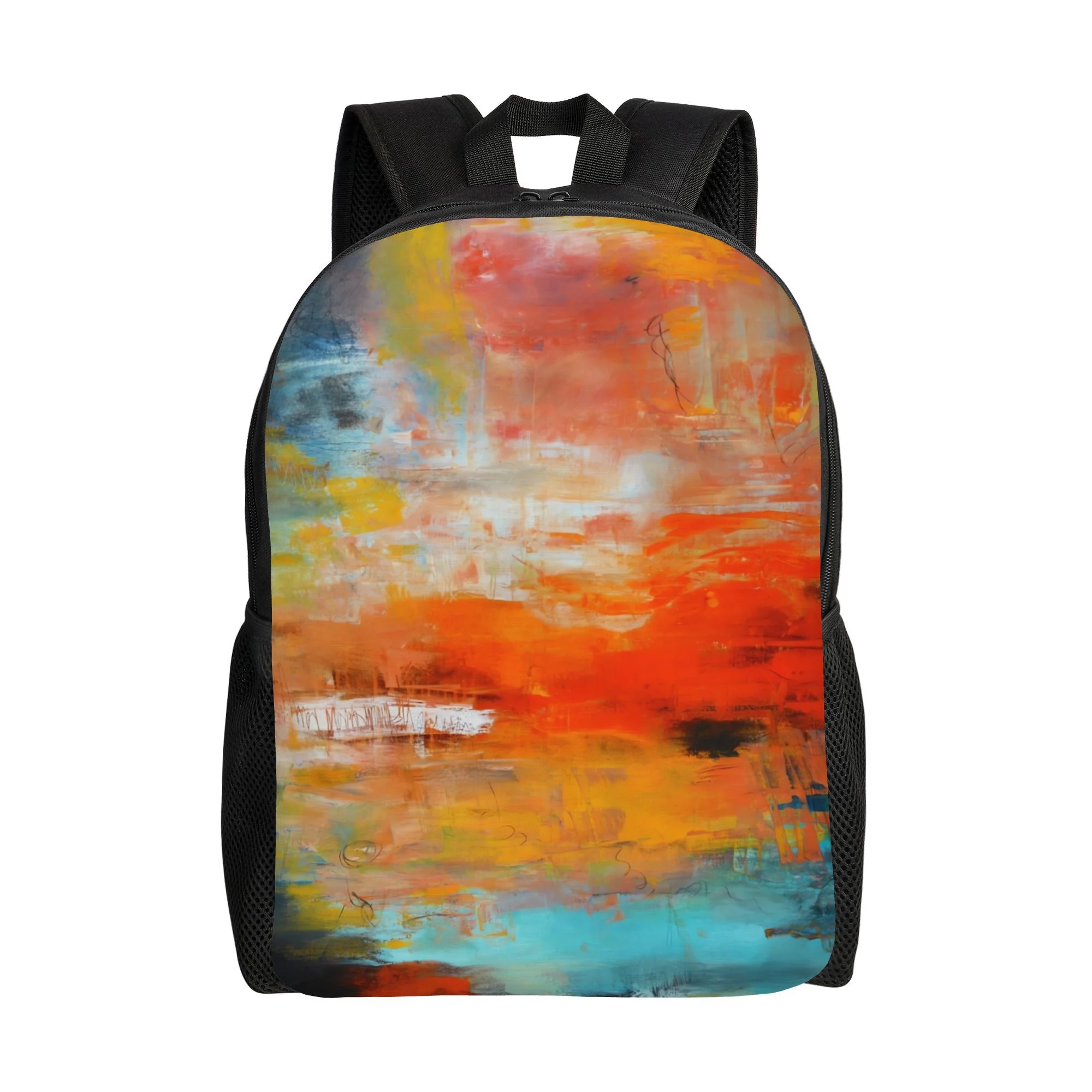 

Men's Red and Multi-Colored Abstract Art Backpack - Turquoise Blue, Orange, Yellow, Black, White, Brown Painting Design