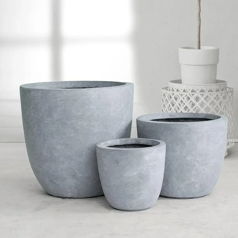 

Flower Pot Large Round (Set of 3 Sizes), Outdoor Indoor Modern Planter Pots, Lightweight,Seamless with Drainage Hole Light Gray