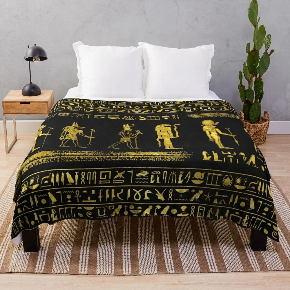 

Golden Egyptian Gods and hieroglyphics on leather Throw Blanket Thermal Beach Plush Blankets