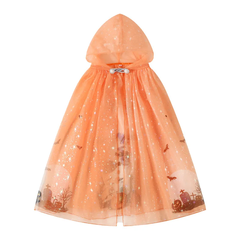 Kids Halloween Hooded Cloak Glitter Tulle Cape Cosplay Party Fancy Dress Costume for Girls