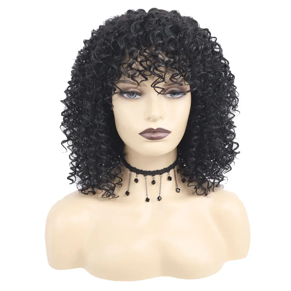 New Synthetic Fiber African Lady Wig with Bangs Elastic Net Cap