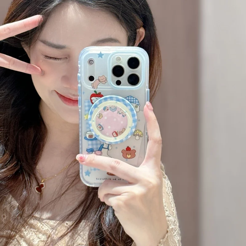

Kawaii Cartoon Rabbit Cat Matter Magnetic Phone Case For iPhone 17 Pro 16 15 Pro Max 16Pro Cover with Holder Shockproof Cases Ca