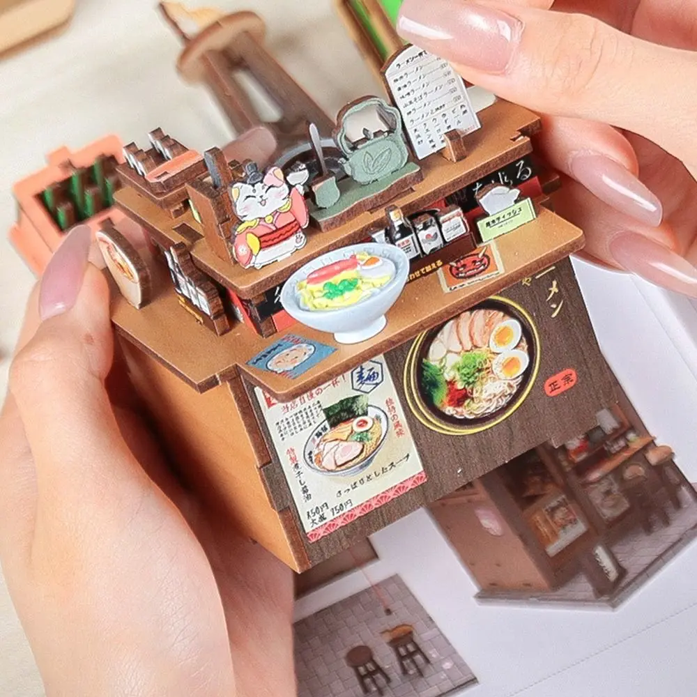 Crianças brinquedos de madeira diy casa de boneca brinquedo decoração cidade andando série 3d ramen restaurante kit casa modelo brinquedo presentes aniversário