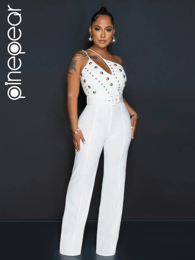 PinePear Sexy One Shoulder White Jumpsuit Women 2024 Fashion Elegant Pearls High Waist Wide Leg Pants Jumpsuits with Belt