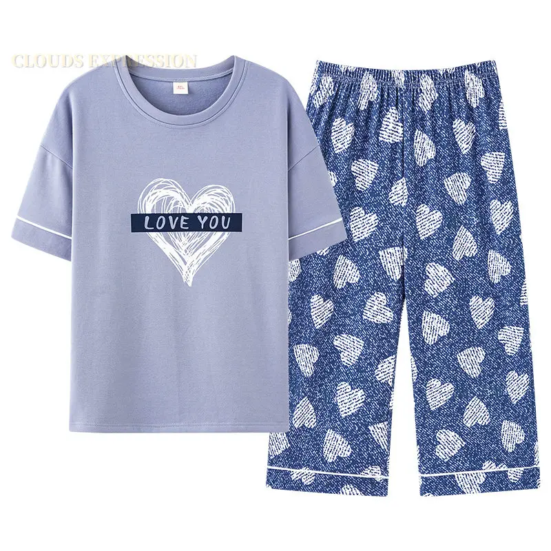 Conjunto de Pijama de punto de algodón con dibujos animados para Mujer, ropa de dormir de talla grande, pantalones hasta la pantorrilla, ropa de