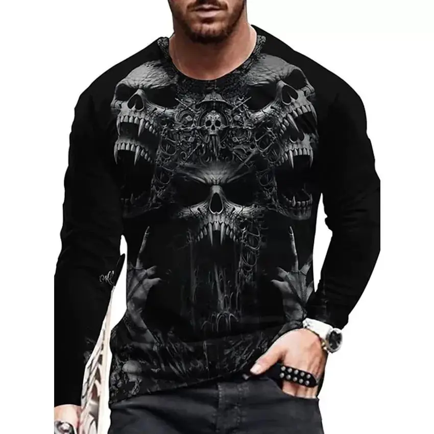 Men Spring And Autumn Each Individual Horror Skull Pattern 3d Printed O-Collar Long Sleeve Loose Vintage Printed T-Shirt Top