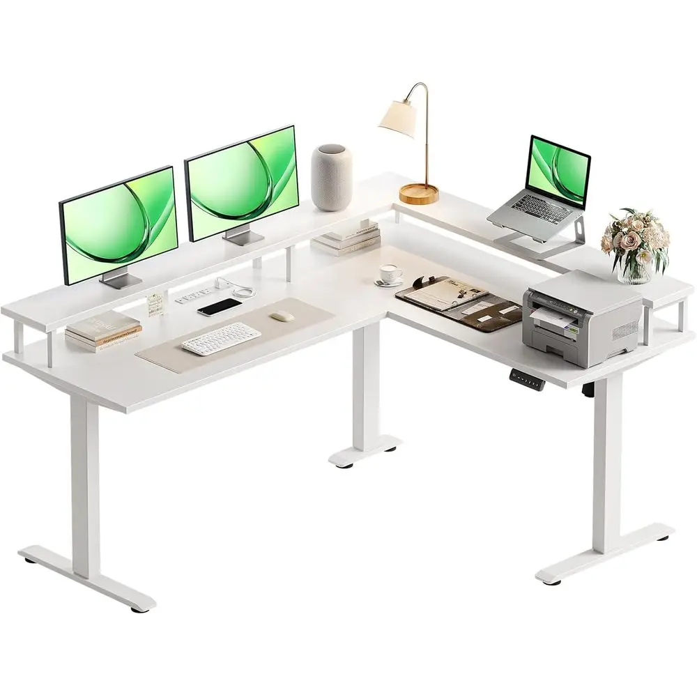 

59 Height-Adjustable L-Shaped Desk with Power Outlets and Monitor Stand, White