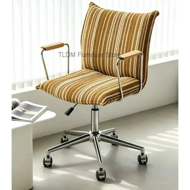 Modern Striped Fabric Office Chair with Wooden Armrests,Adjustable Height Swivel Desk Chair,Ergonomic Task Chair for Home Office