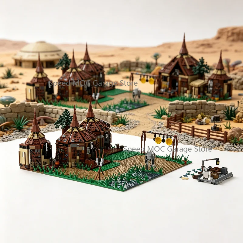 Swamp Primitive Hut Village MOC Set,Wetland Rural Landscape with Rack and Robot Figures Fantasy Wilderness Building Blocks Decor
