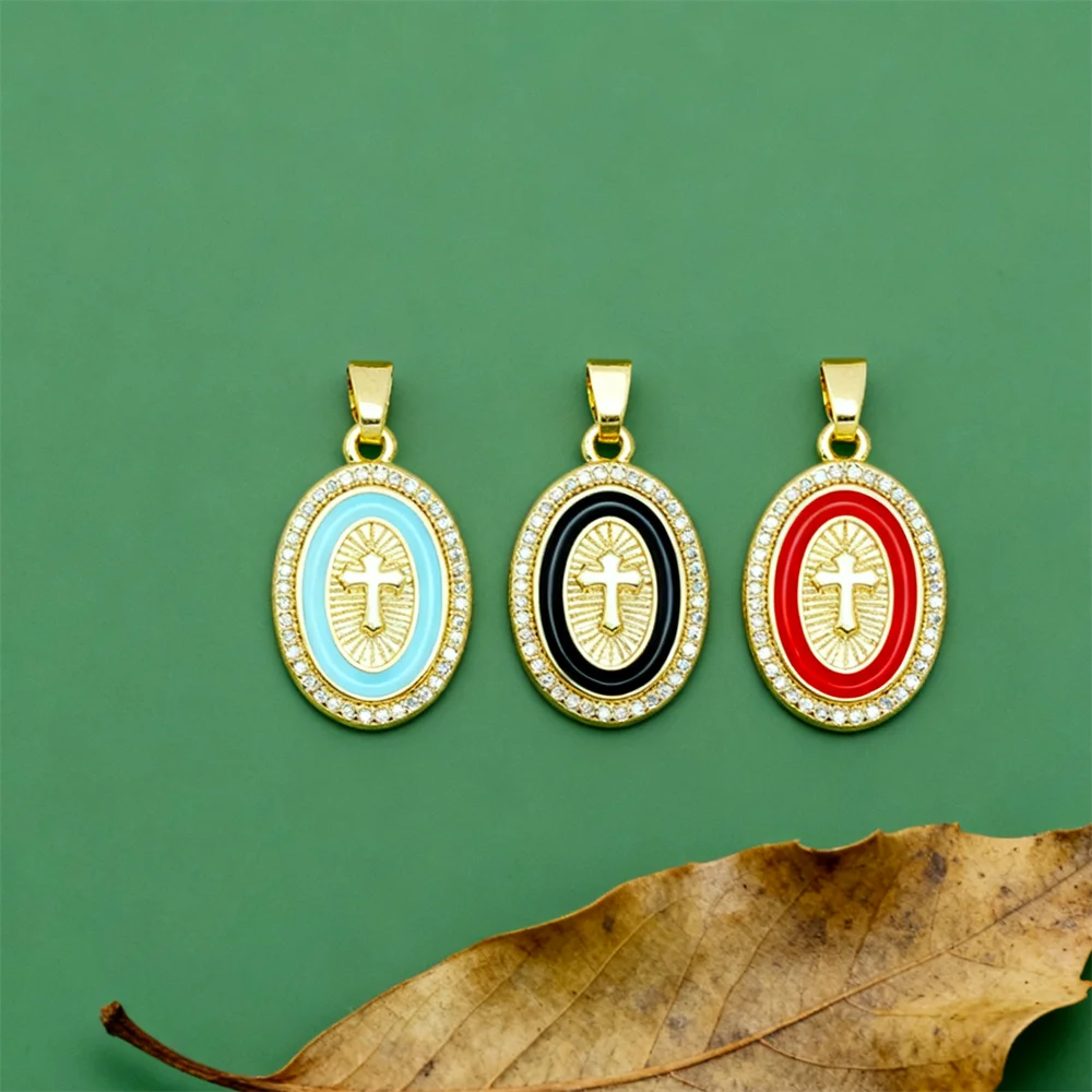3Pcs Pendants Brass Cubic Zircon Enamel Cross Charms for DIY Jewelry Necklace Bracelet Making Elegant Oval Religious Accessories