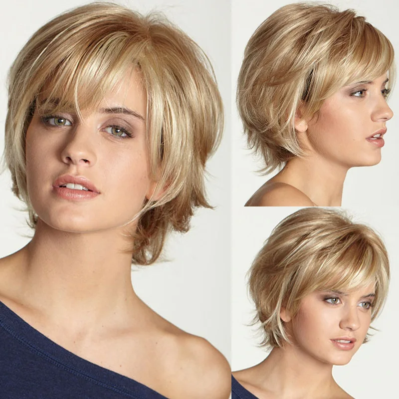 New Synthetic Wig Women Fashion Short Straight Hair Light Blonde Cropped Hair With a High Temperature Silk Wig Full Head Set